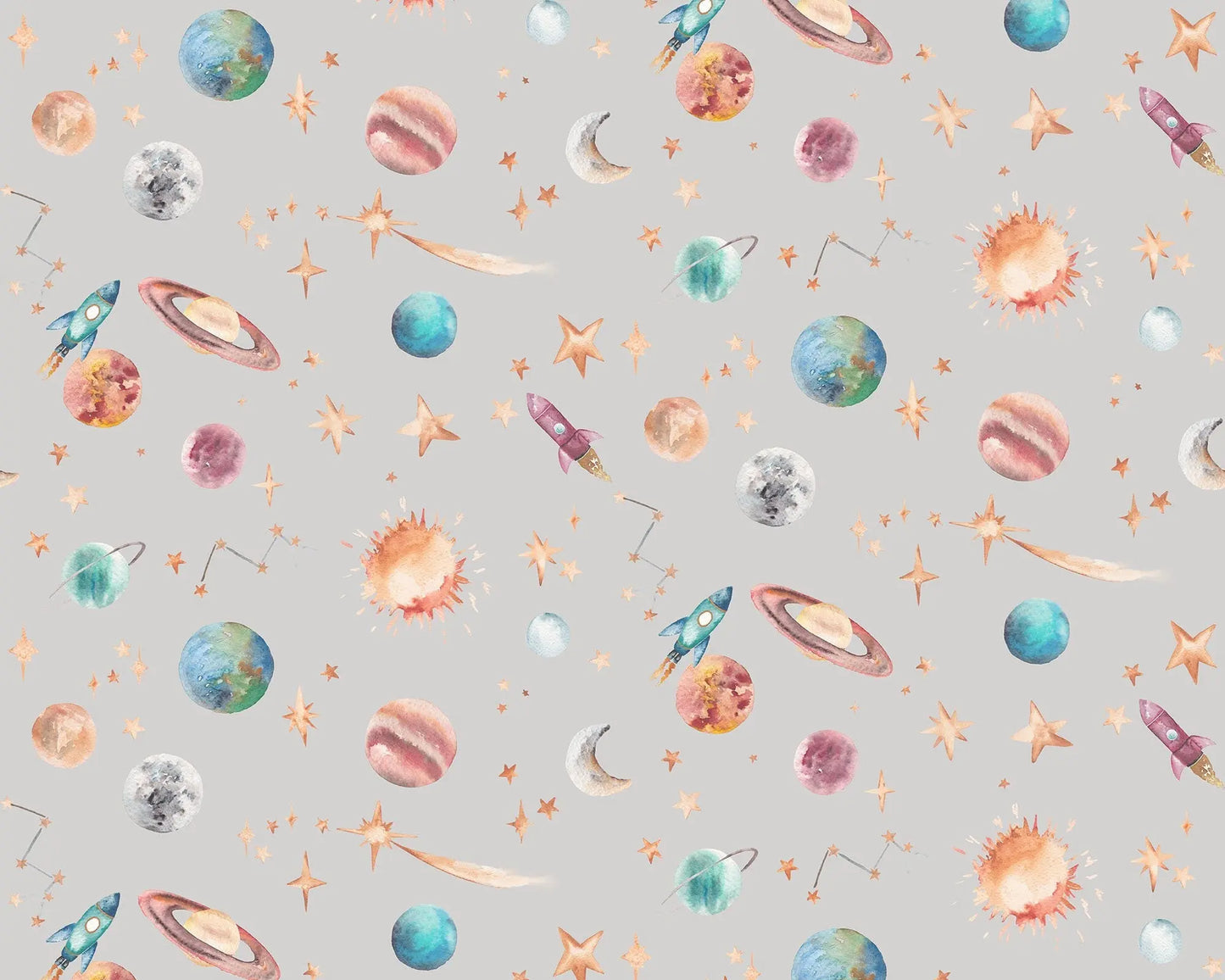 Watercolour Planets Outer Space - Cotton Curtain Fabric Katie Hipwell Design
