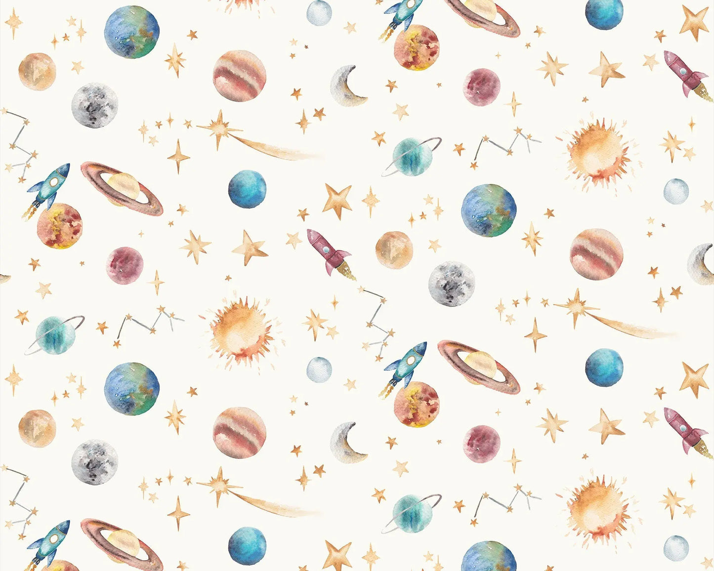 Watercolour Planets Outer Space - Cotton Curtain Fabric Katie Hipwell Design