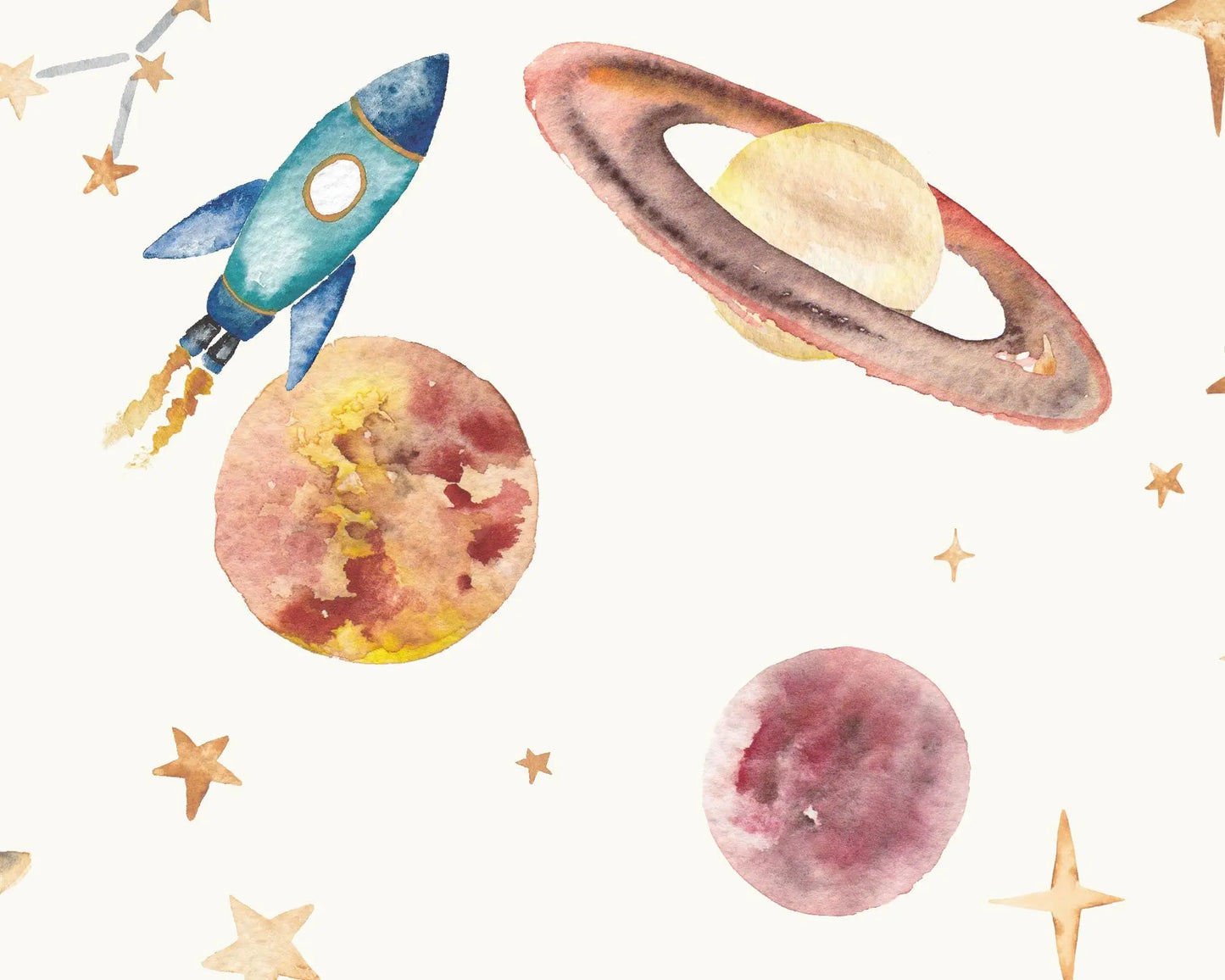 Watercolour Planets Outer Space - Cotton Curtain Fabric Katie Hipwell Design