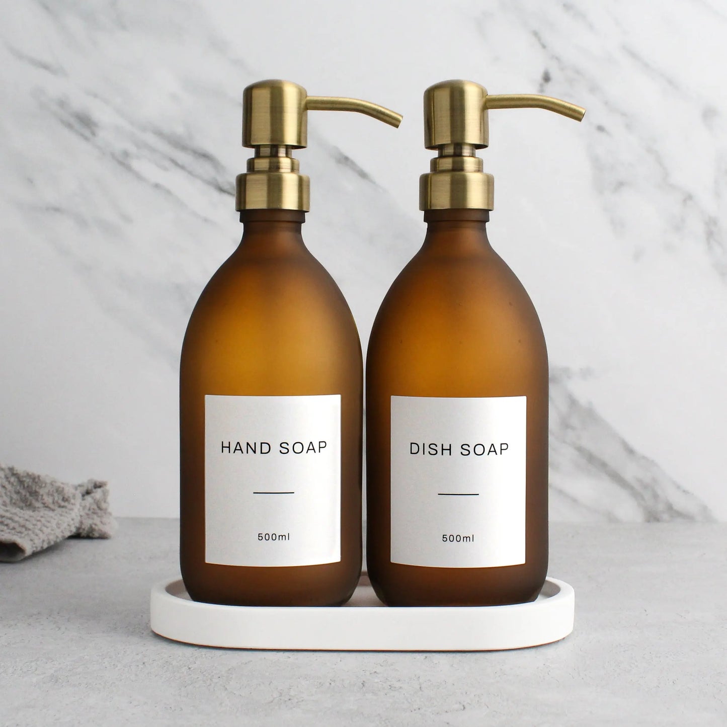 White Tray & Frosted Amber Glass Dispenser Double Set Namie Home