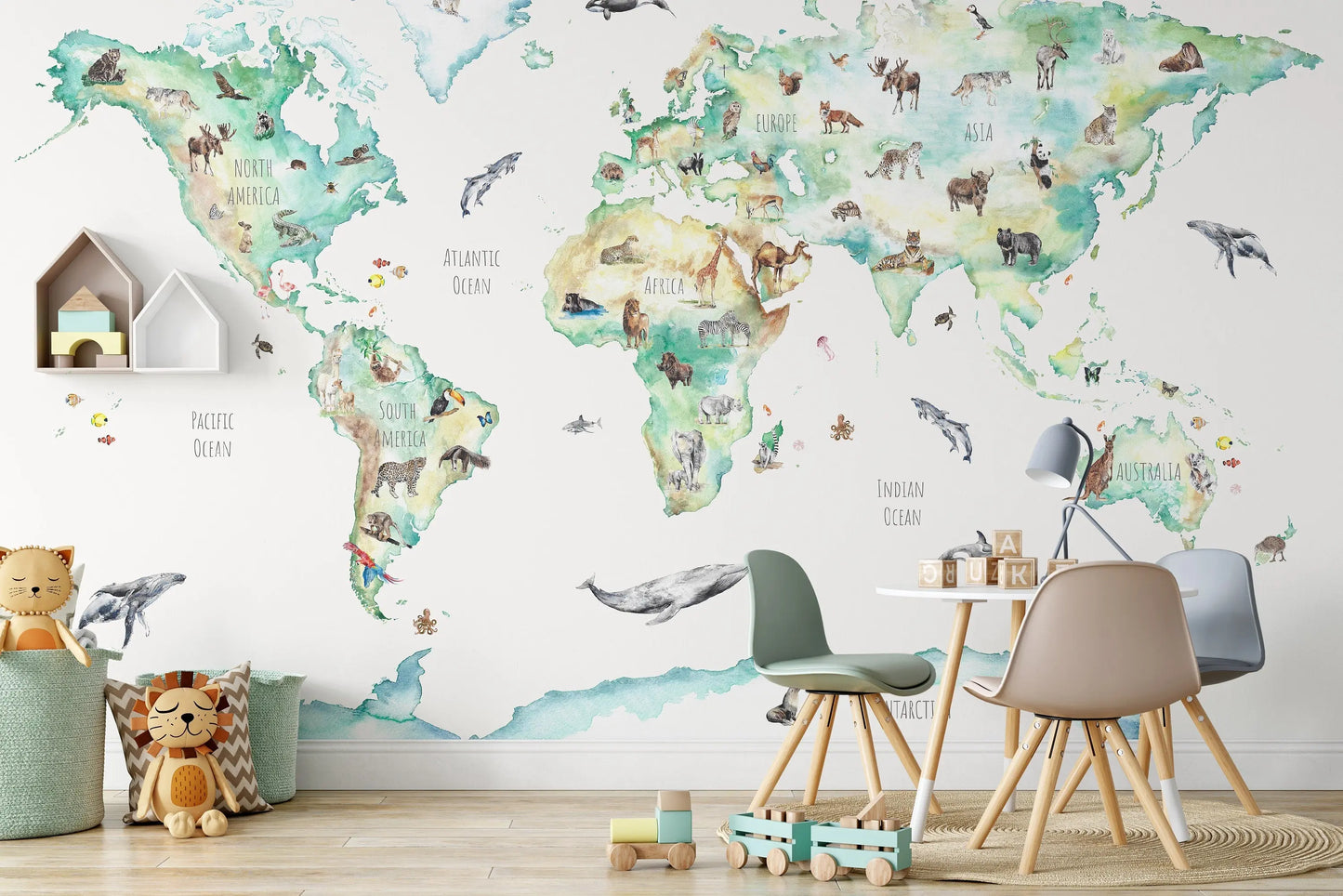 Wildlife World Map Mural Wallpaper For Children Katie Hipwell Design
