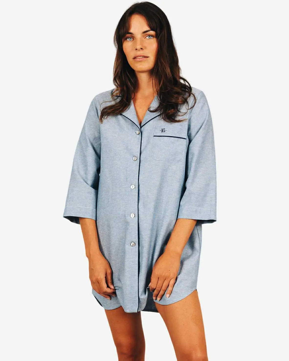 Women's Sleep Shirt - Blue Sky with Navy Piping Woodstock Laundry