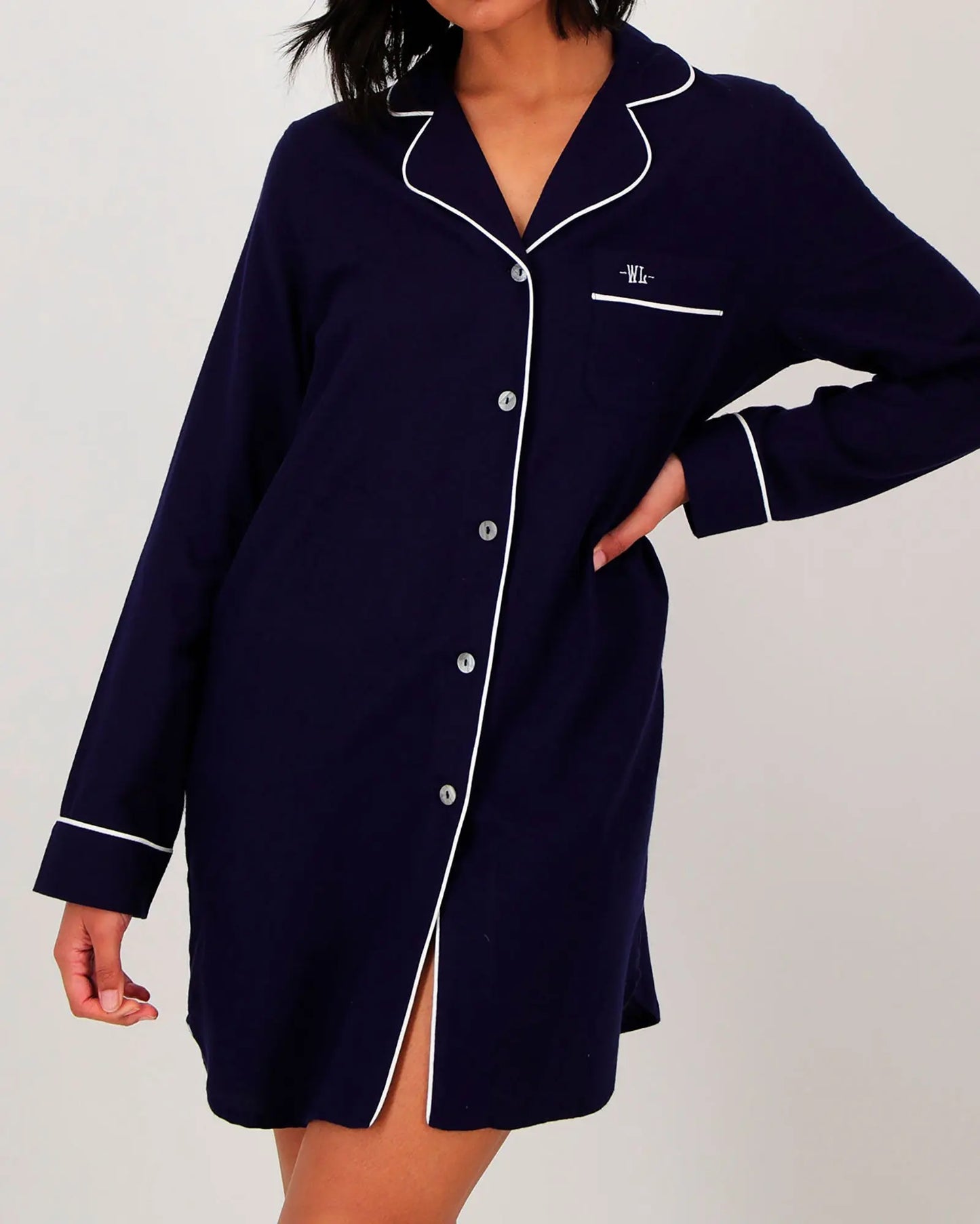 Women's Sleep Shirt - Navy Flannel with White Piping Woodstock Laundry