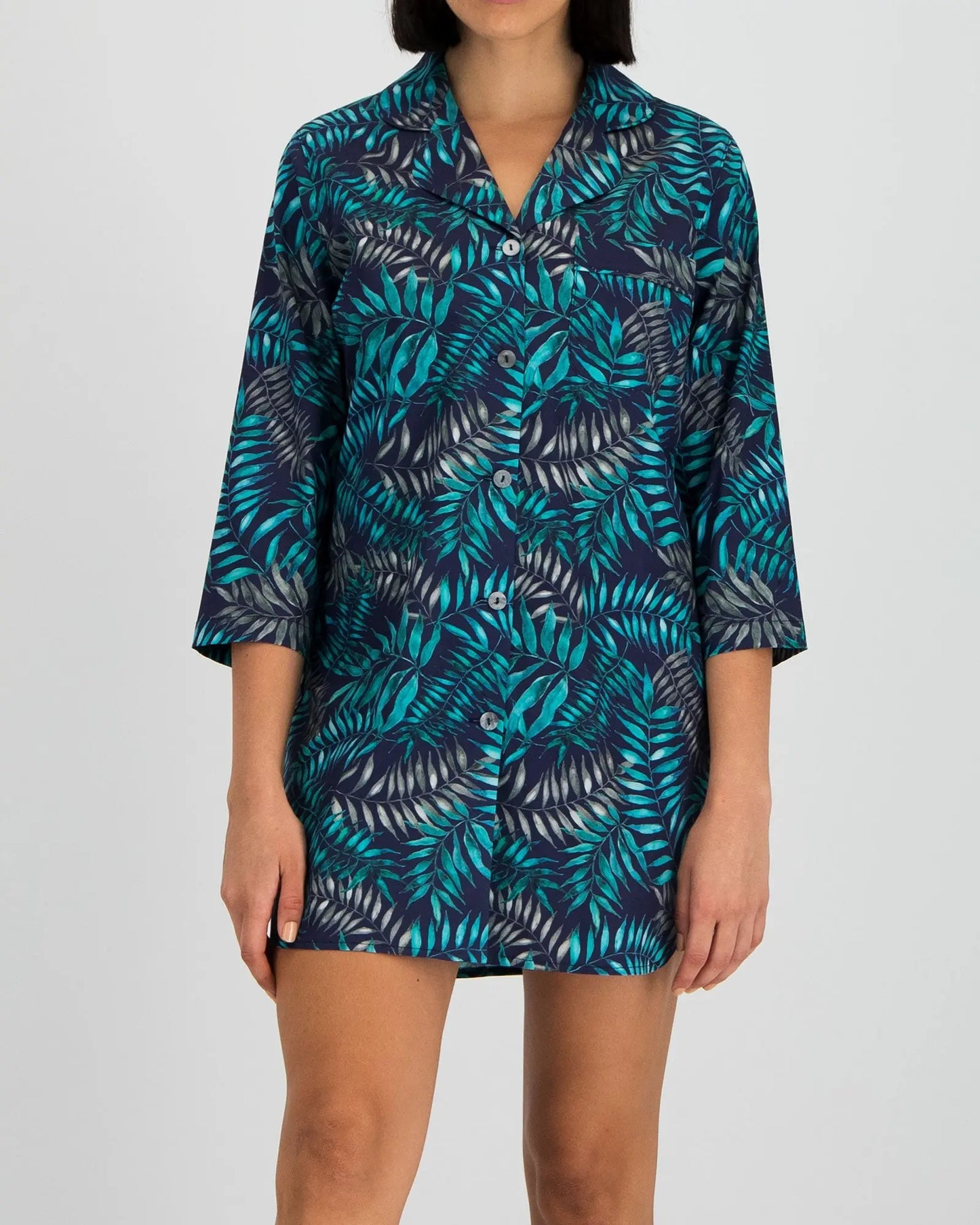 Women's Sleep Shirt - Palm Leaves Navy Woodstock Laundry
