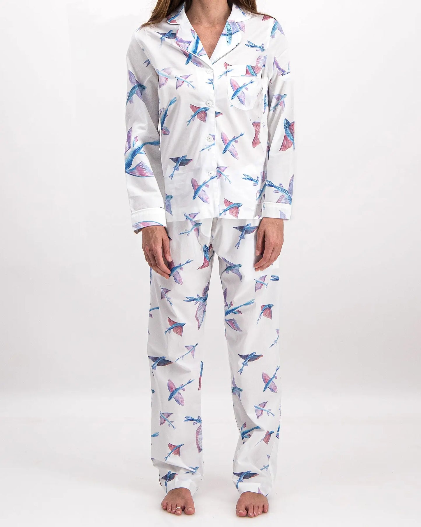 Womens Long Pyjamas - Flying Fish White Woodstock Laundry