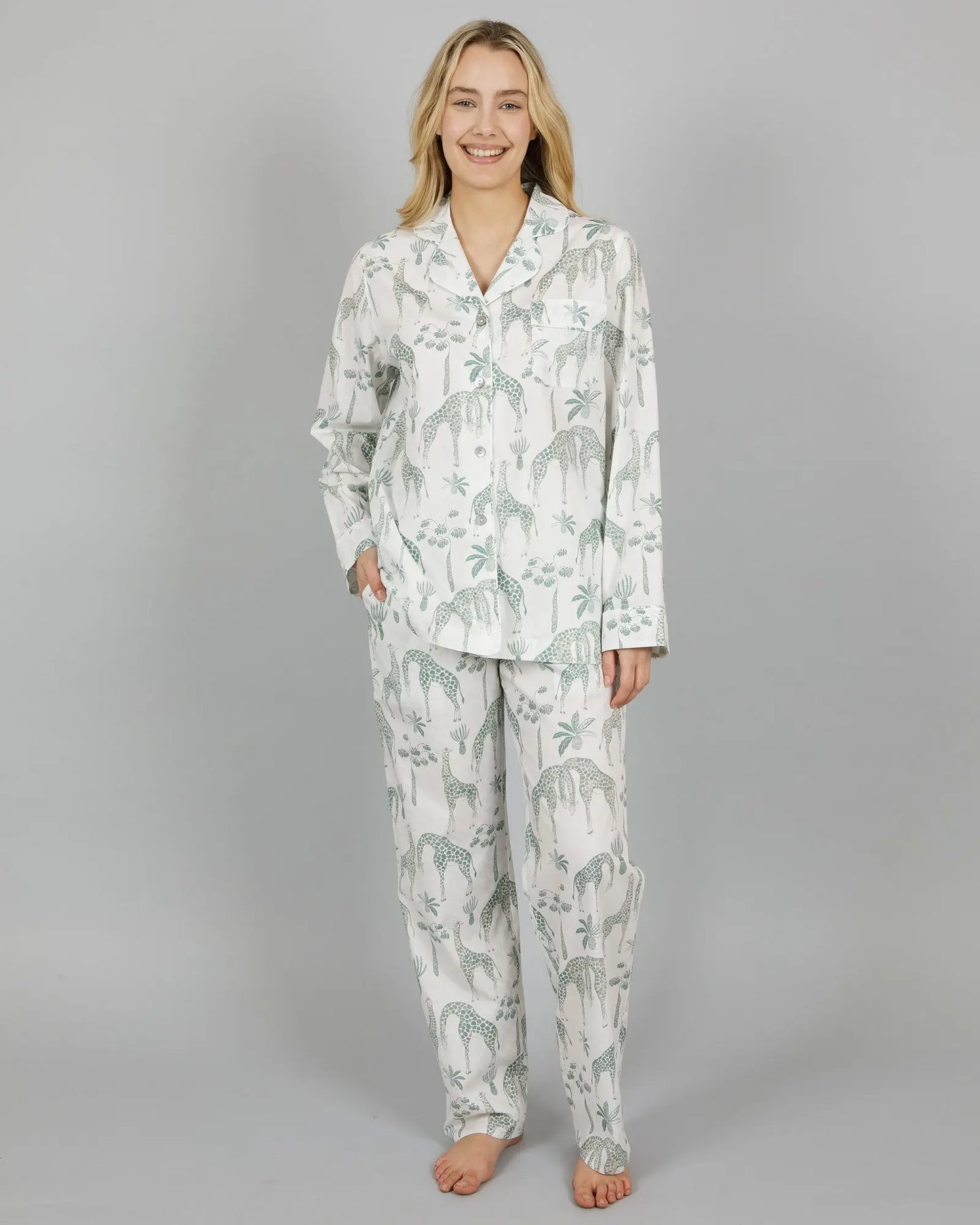 Womens Long Pyjamas - Green Giraffe Woodstock Laundry