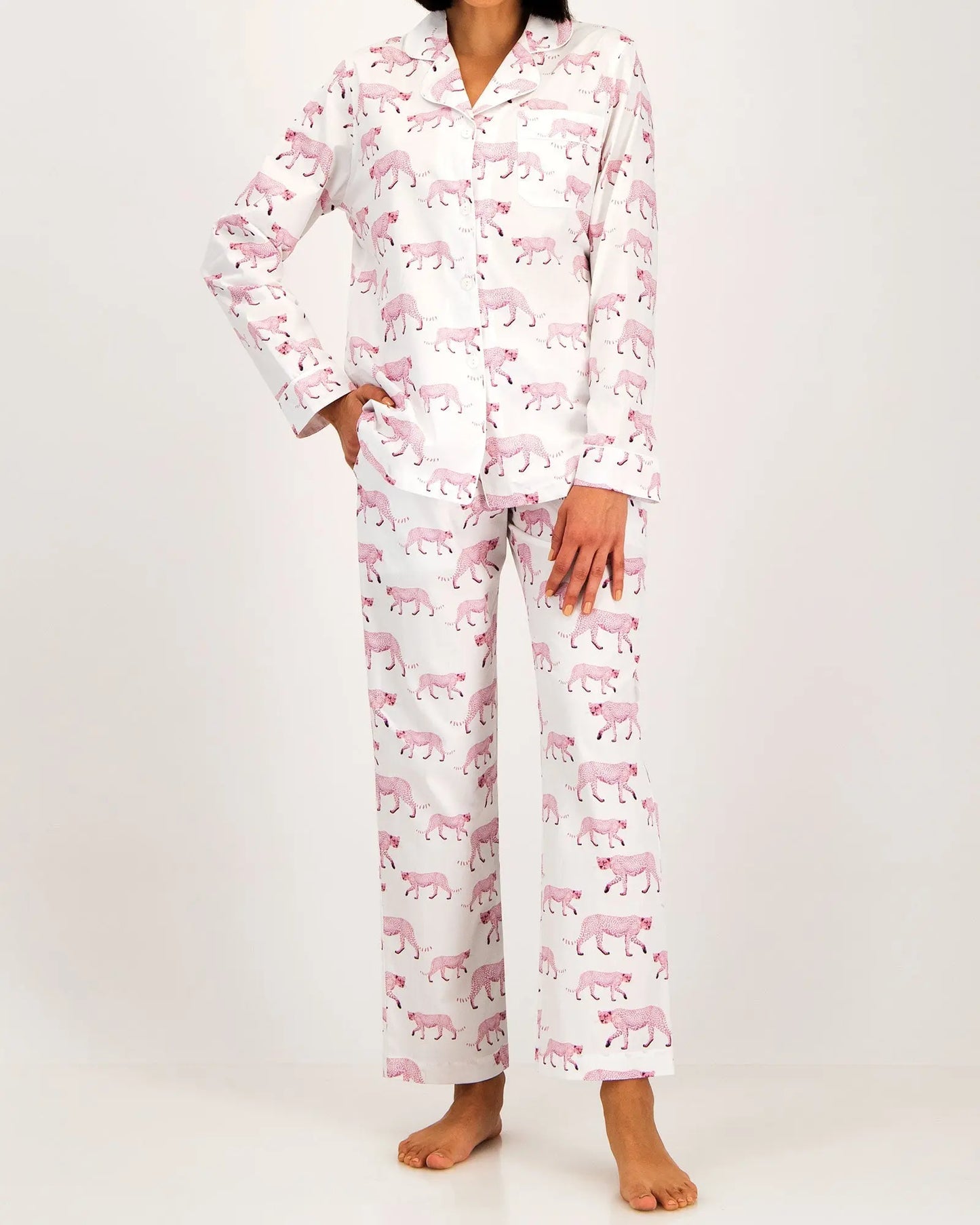 Womens Long Pyjamas - Pink Cheetahs Woodstock Laundry