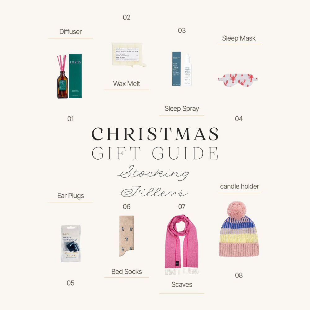 Stocking filler - stockings lined up on fireplace adjacent to Christmas tree