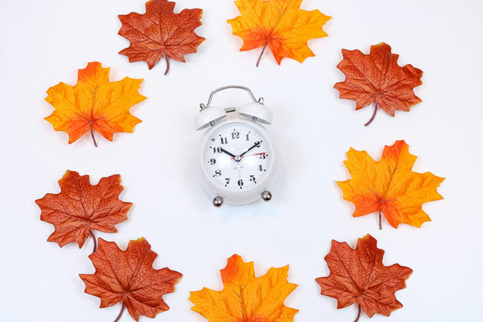 clock surrounded by autumn leaves 