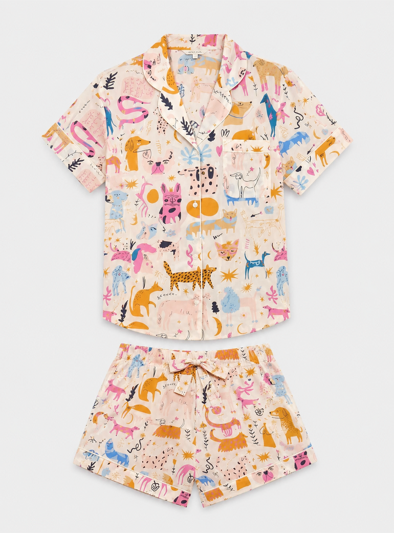 Dog Print Women's Short Sleeve Organic Cotton Pyjama Short Set
