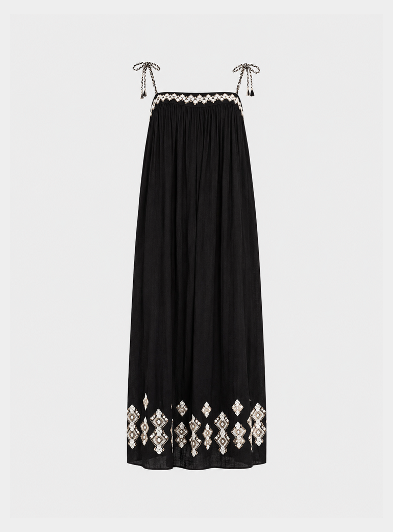 Theodora Spaghetti Strap Embroidered Midi Dress In Black Raffya
