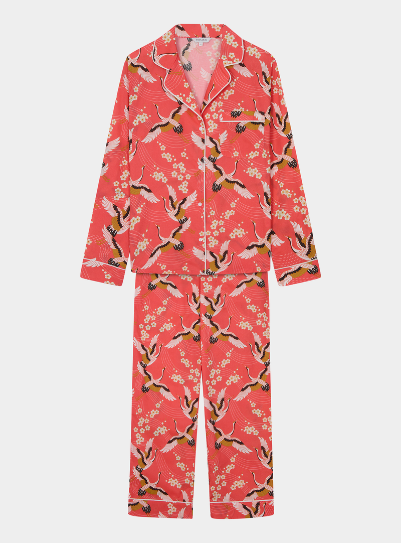 Japanese Crane on Coral Women's Cotton Pyjama Trouser Set