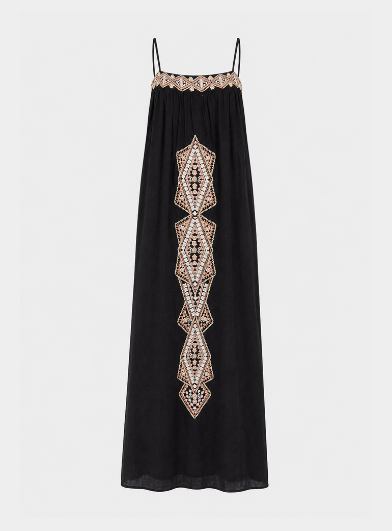 Sapphire Spaghetti Strap Embroidered Maxi Dress In Black Raffya