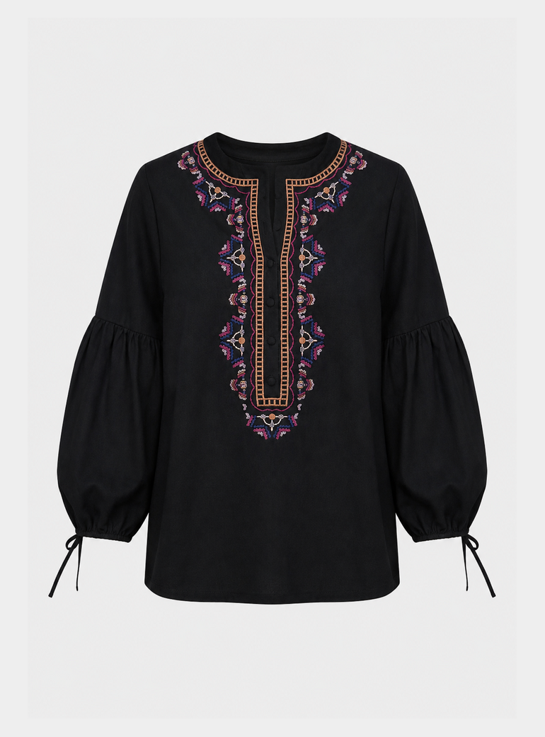 Anai Half Placket Embroidered Blouse In Black Raffya