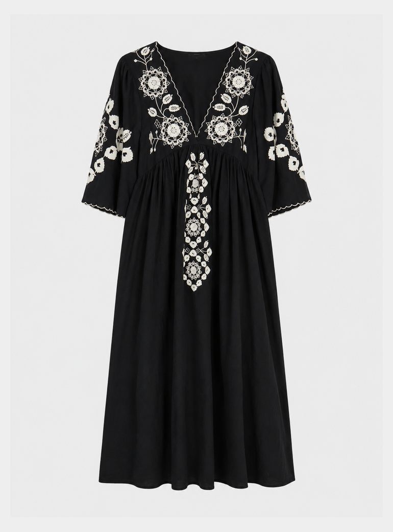 Arianna V- Neck Embroidered Maxi Dress In Black Raffya