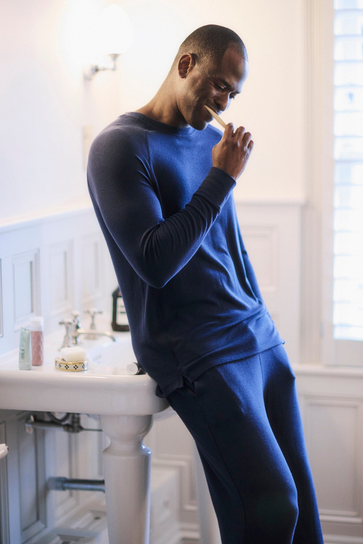Mens Navy Ribbed Long Sleeve Top and Bottoms Set MAMU Dream