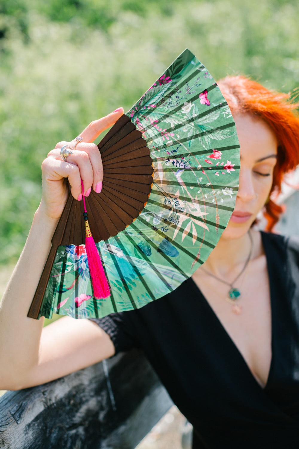 Green hand-held silk fan with 'Greenery' mushroom and crystal botanica ...