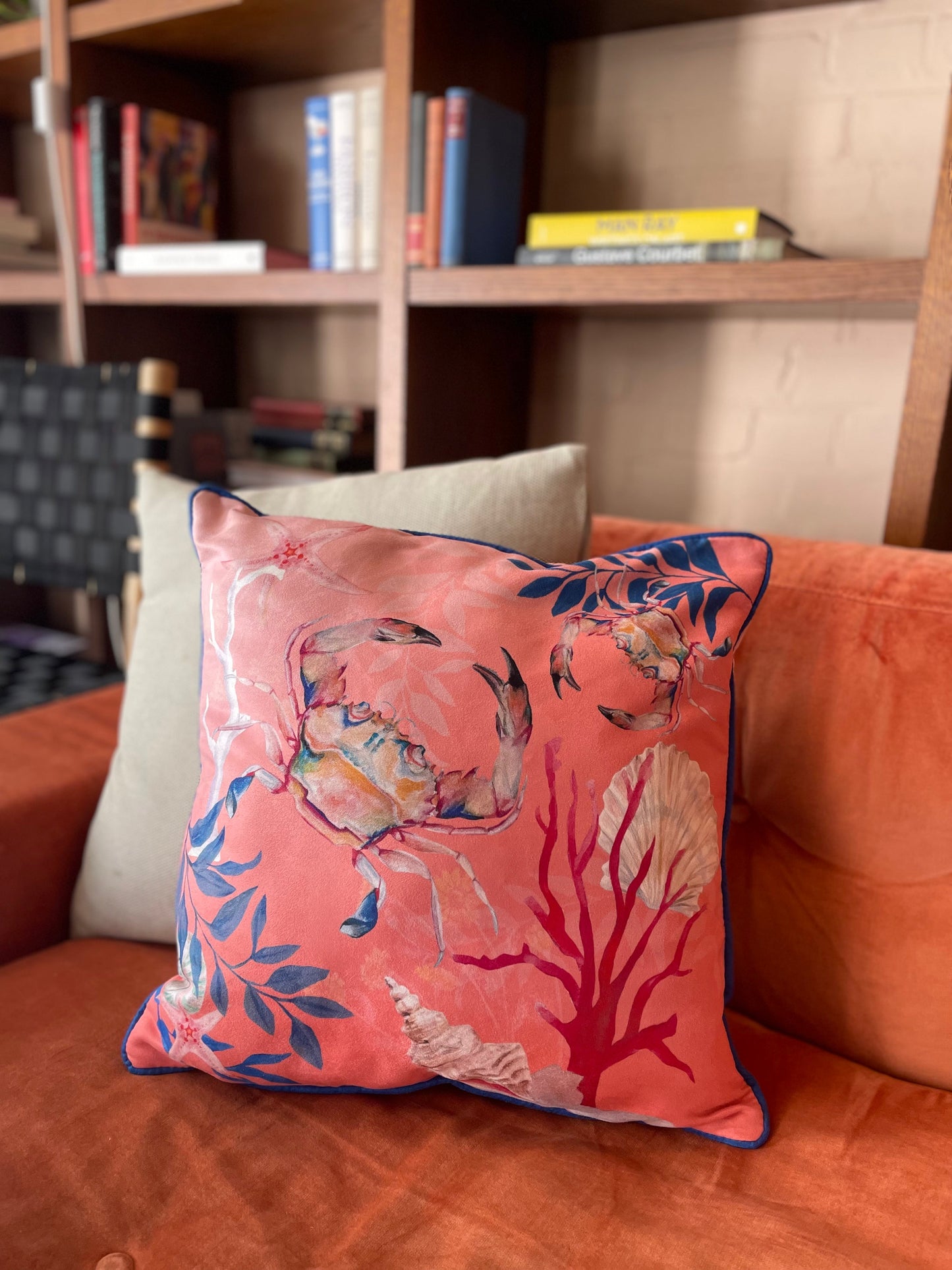Coral watercolour art Cushion 'Pure shores' double sided design with starfish illustration, made from Vegan friendly Suede Alice Acreman Silks