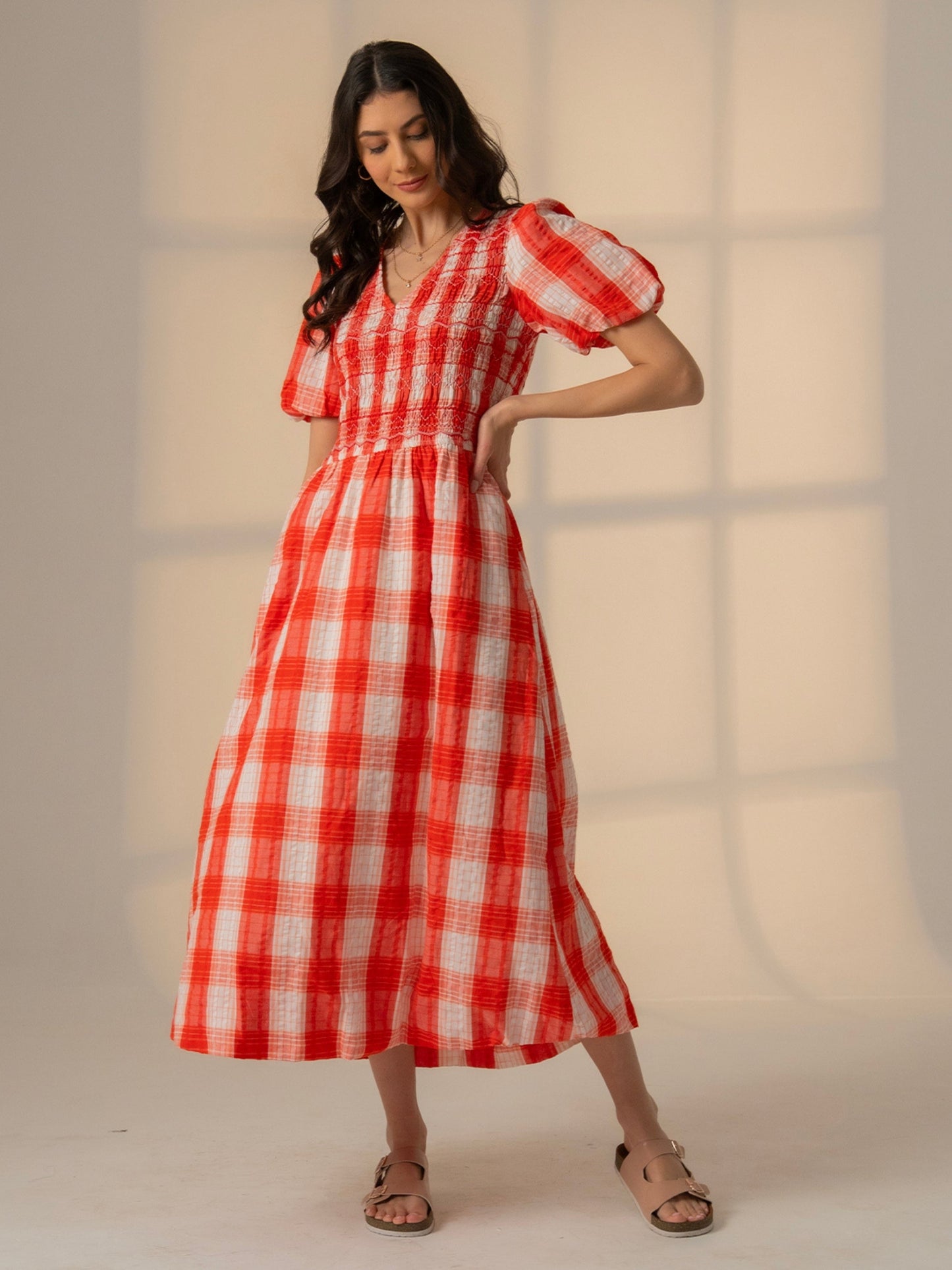 Nella Coral White Check Smock Midi Dress With Embroidery Rose & Nancy