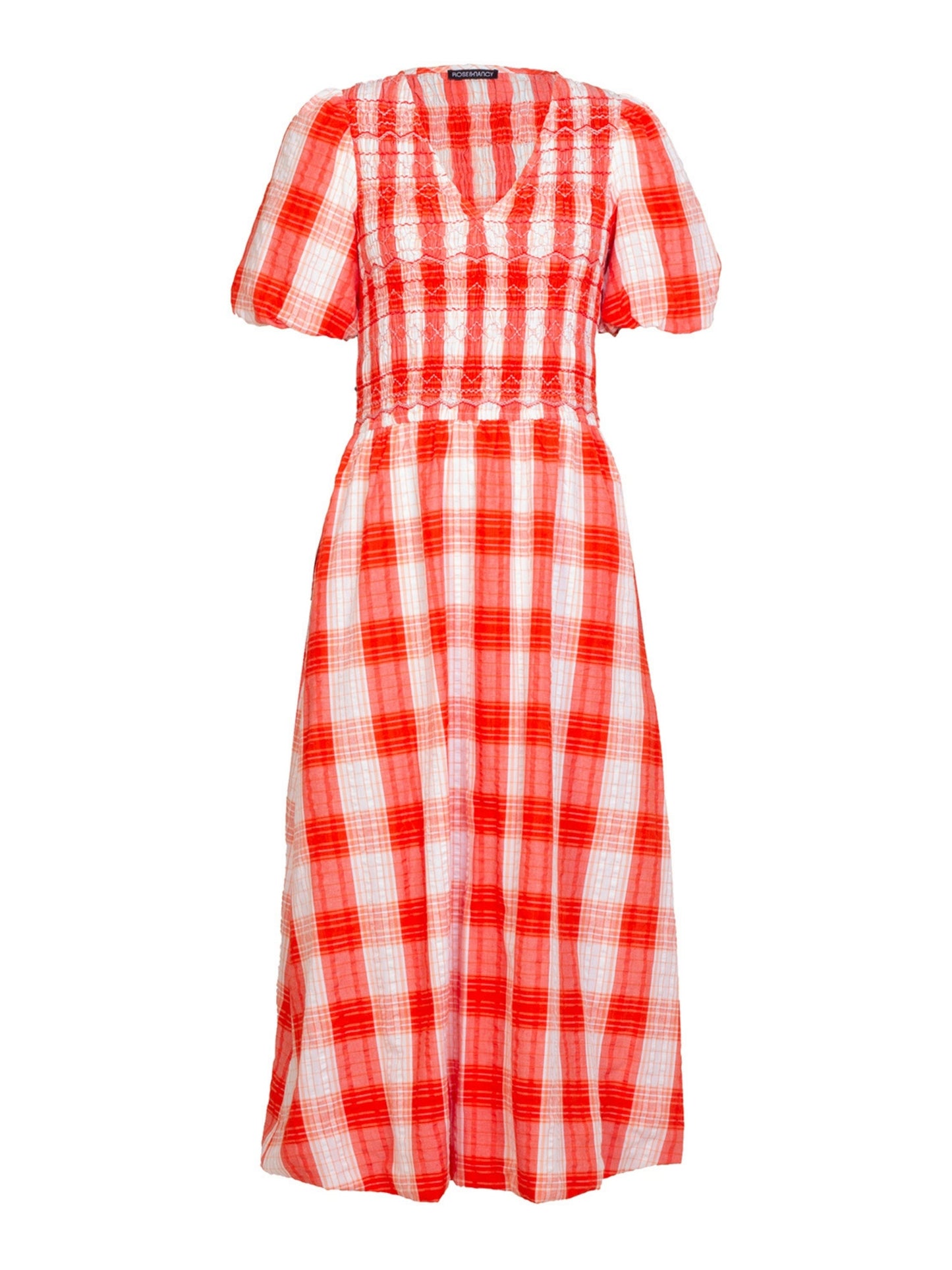 Nella Coral White Check Smock Midi Dress With Embroidery Rose & Nancy