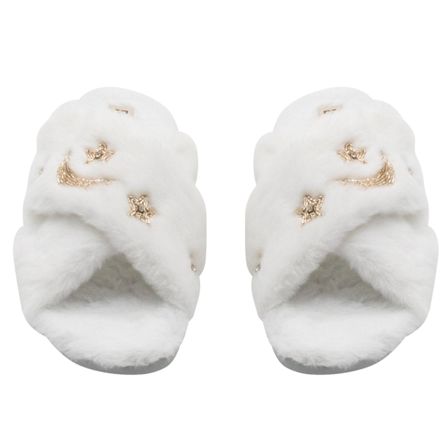 RETTROSE Isabel Women’s White Luxury Faux Fur Slippers – Hand Embellished Star & Moon Diamanté Slides, Synthetic Material Rettrose