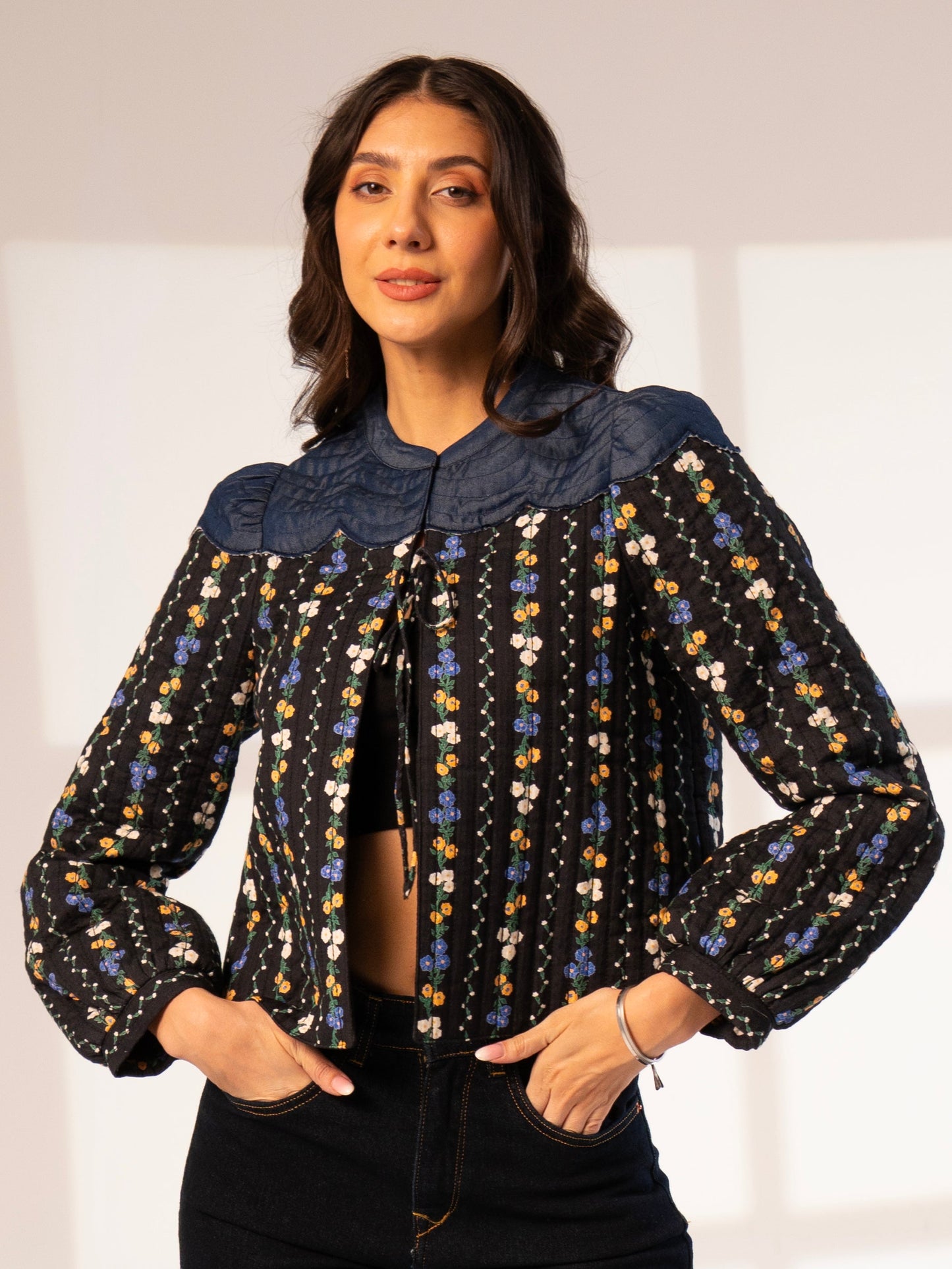 Kiri Black Floral Printed Scalloped Jacket Rose & Nancy