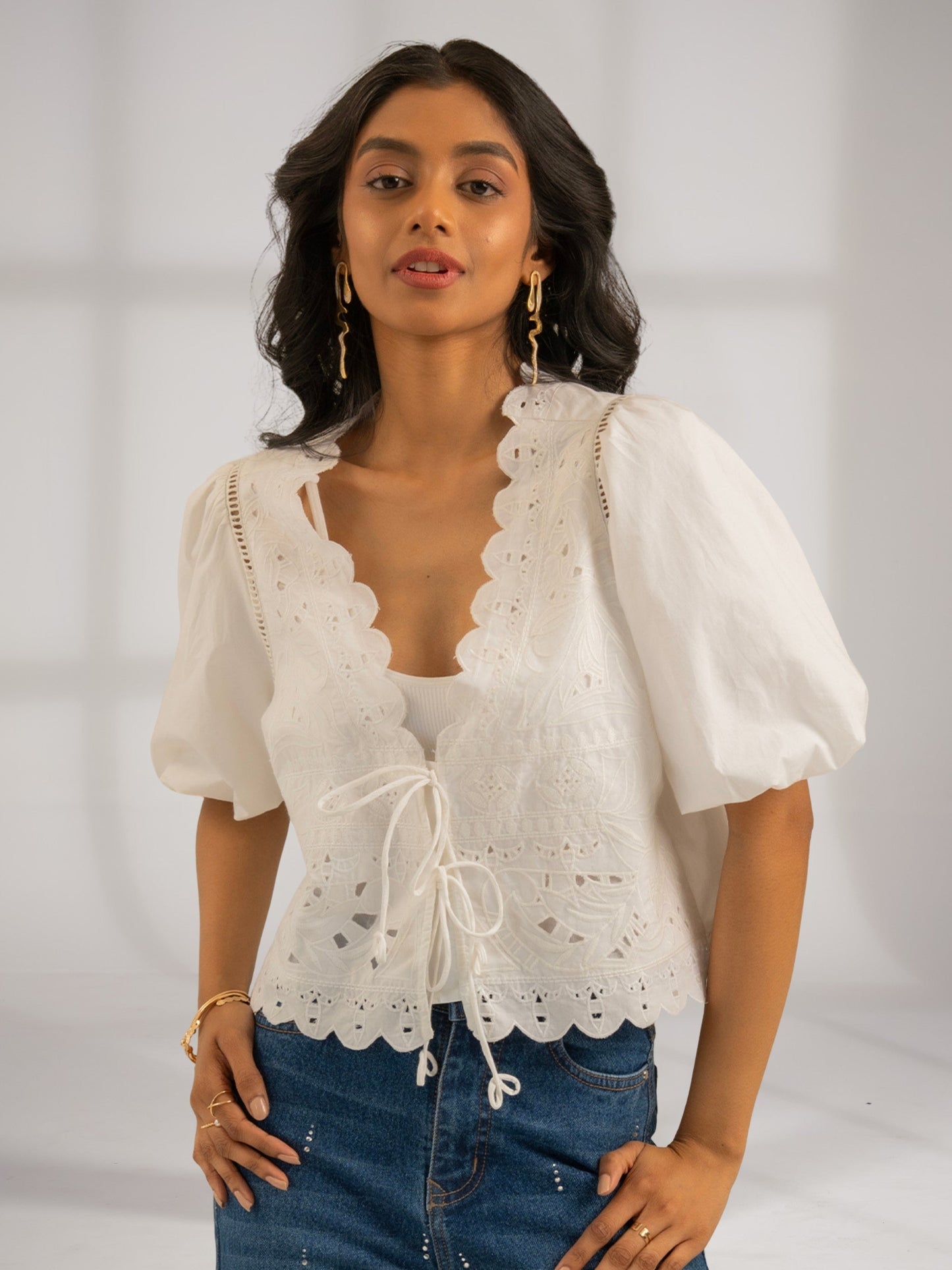 Emilie Embroidered White Tie Front Top  Rose & Nancy