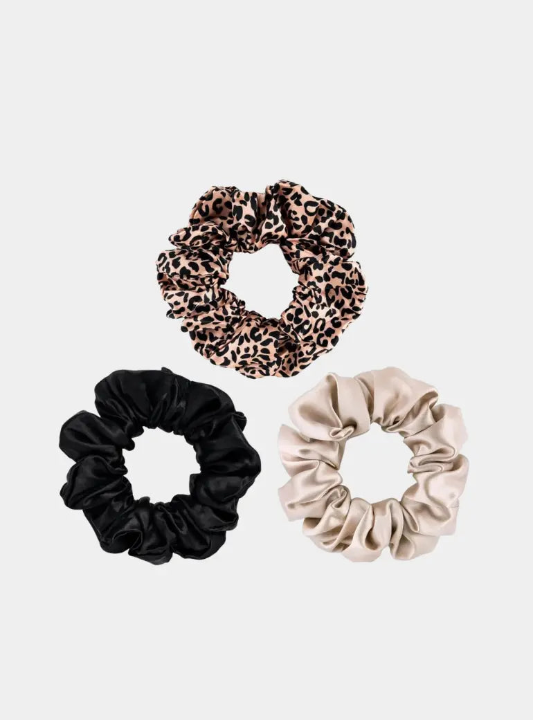 3 Large Silk Scrunchies - Rose Gold Leopard Mixed Set Silk Works London