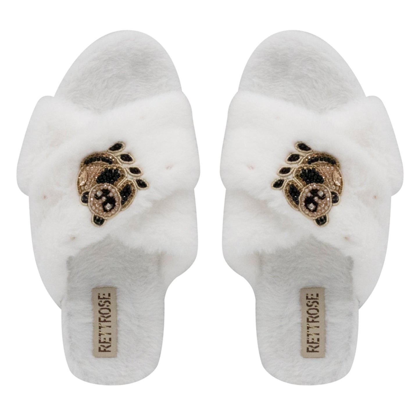 RETTROSE Ember Women’s White Faux Fur Slippers – Luxury Handmade Plush Slippers with Diamanté Panda Appliqué | Comfortable Indoor Footwear Rettrose