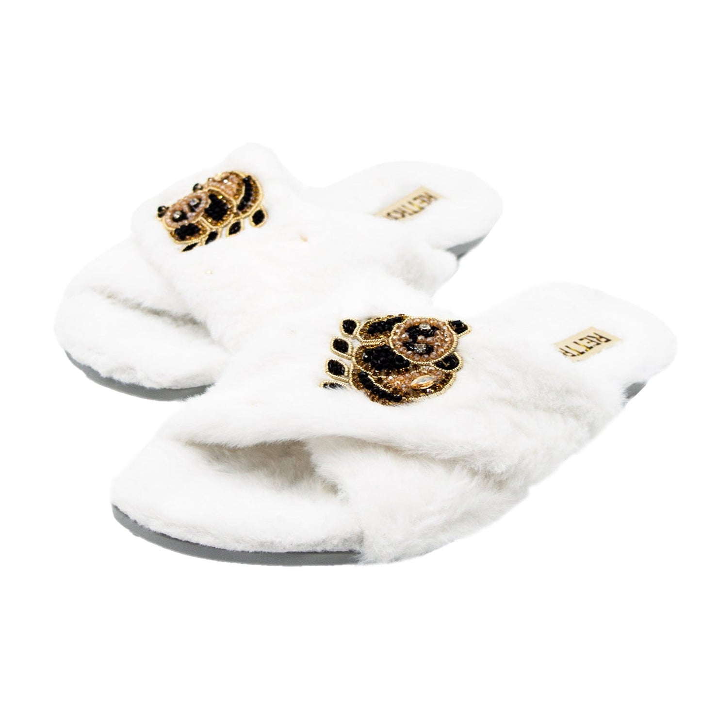 RETTROSE Ember Women’s White Faux Fur Slippers – Luxury Handmade Plush Slippers with Diamanté Panda Appliqué | Comfortable Indoor Footwear Rettrose