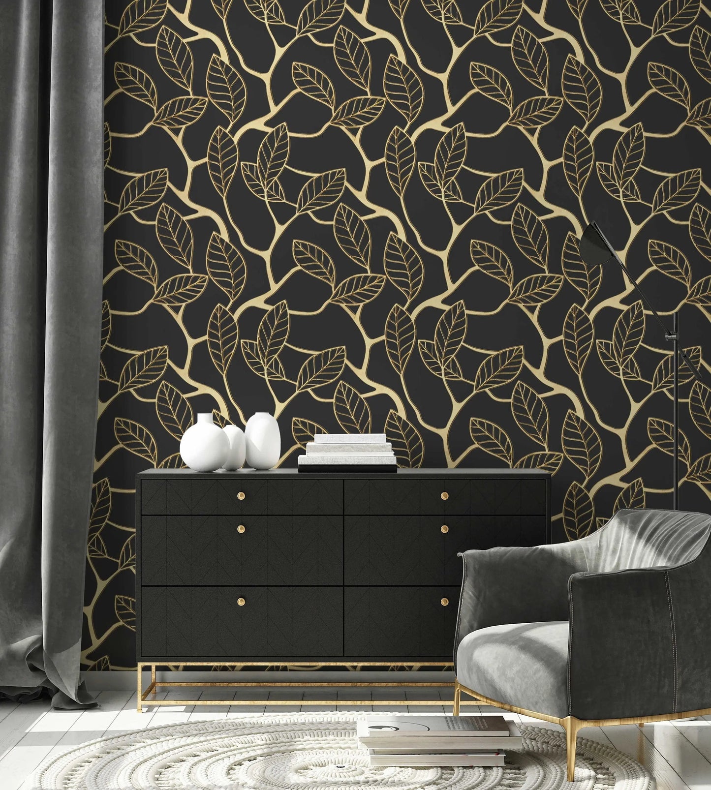 3D Gold Leaf Removable Wallpaper | Art Deco Wall Mural | Dark Art Deco Wall Decor ClickWalls