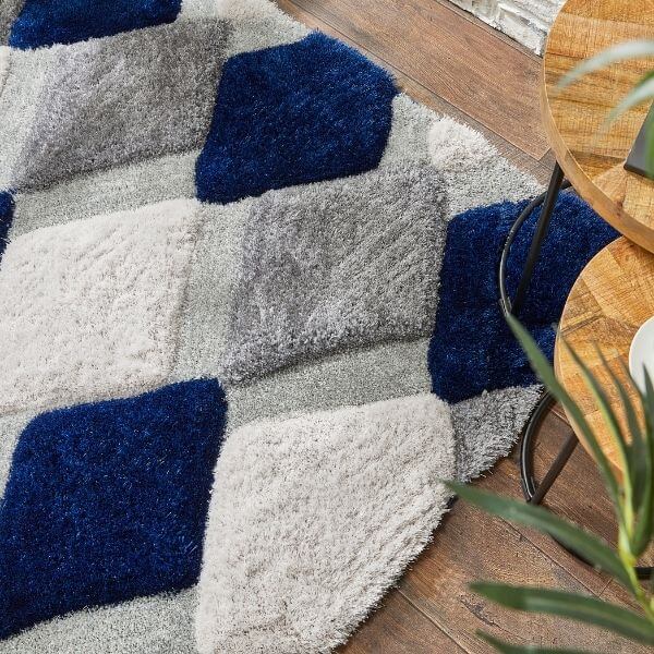 3D Navy Geometric Shaggy Rug The Rugs
