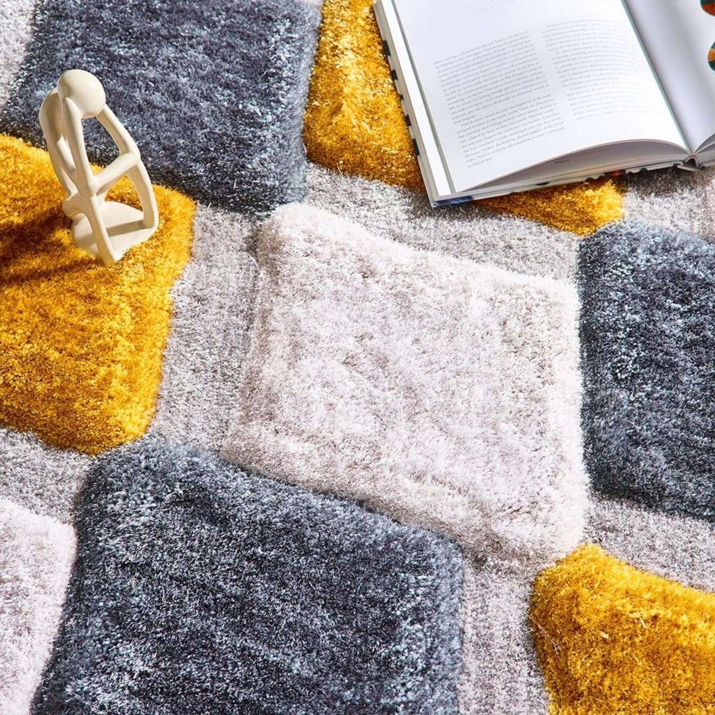 3D Ochre Geometric Shaggy Rug The Rugs