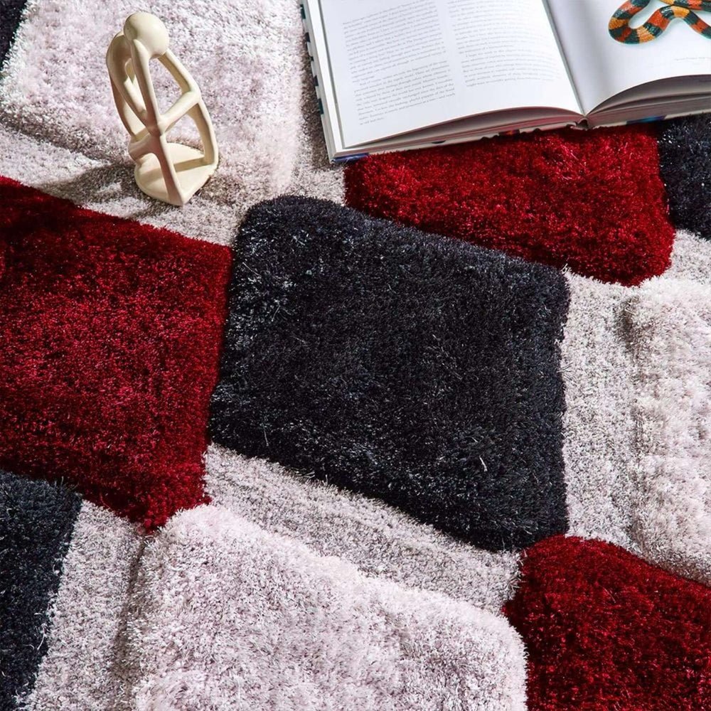 3D Red Geometric Shaggy Rug The Rugs