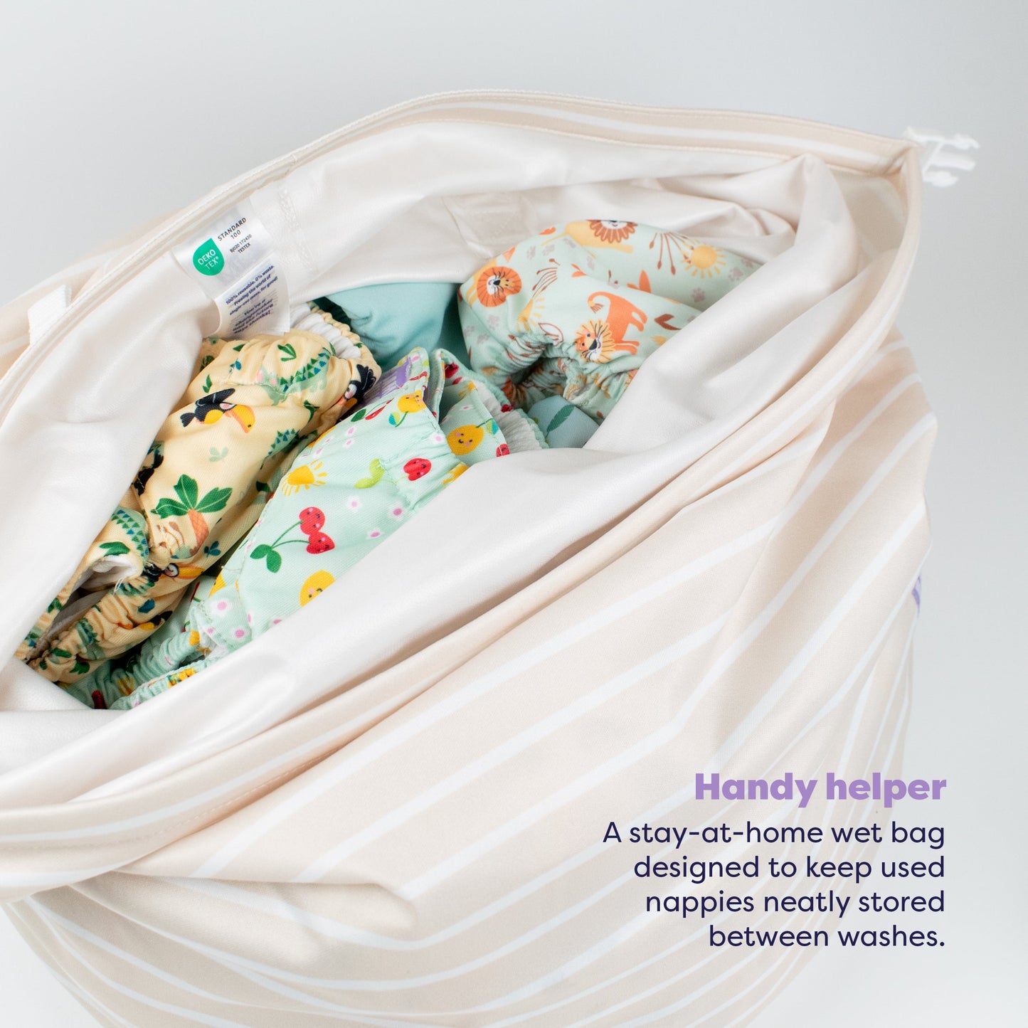 Stay-At-Home Waterproof Wet Nappy Bag in Neutral Stripe Bambino Mio (UK)