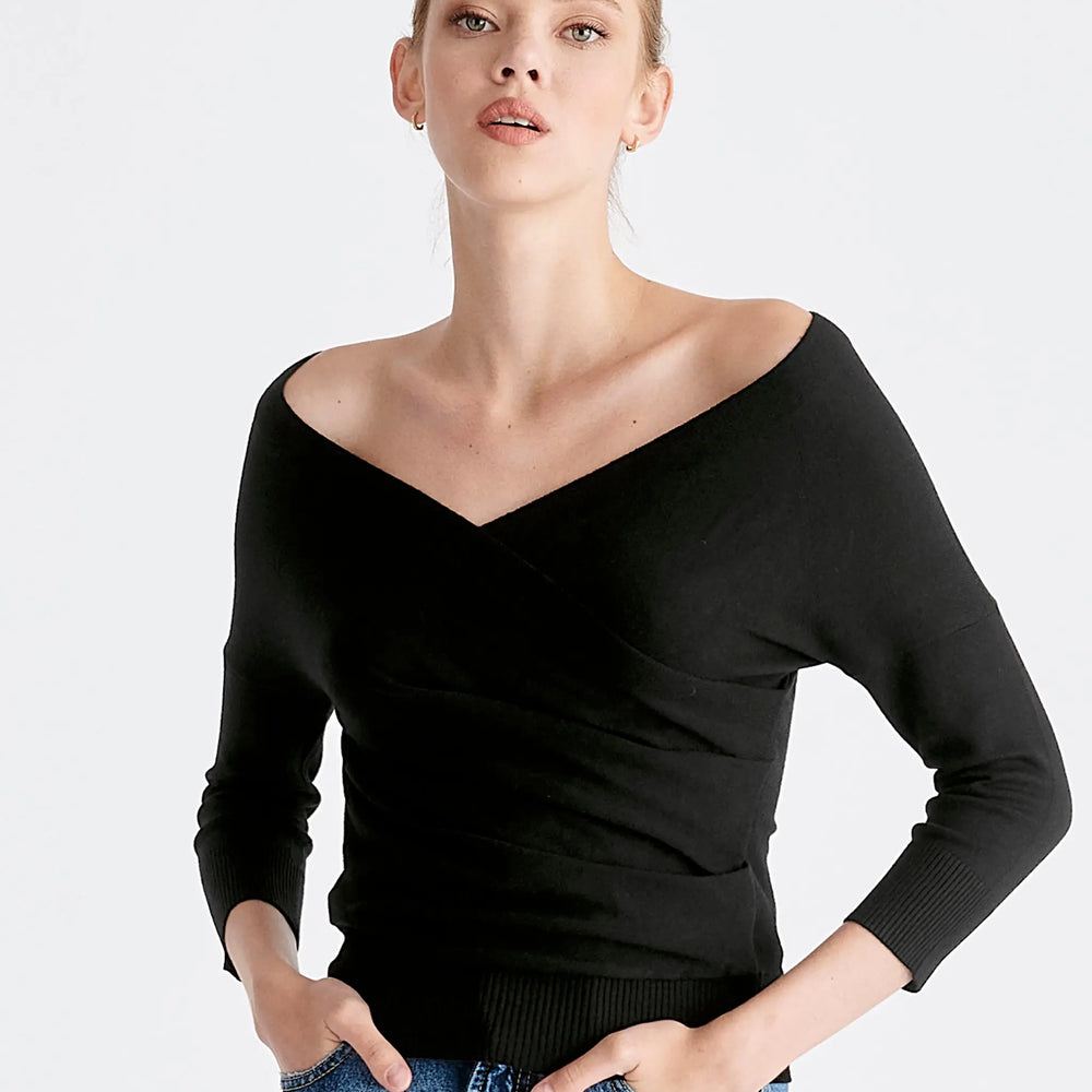 Knitted Wrap Top With 3/4 Sleeves Paisie