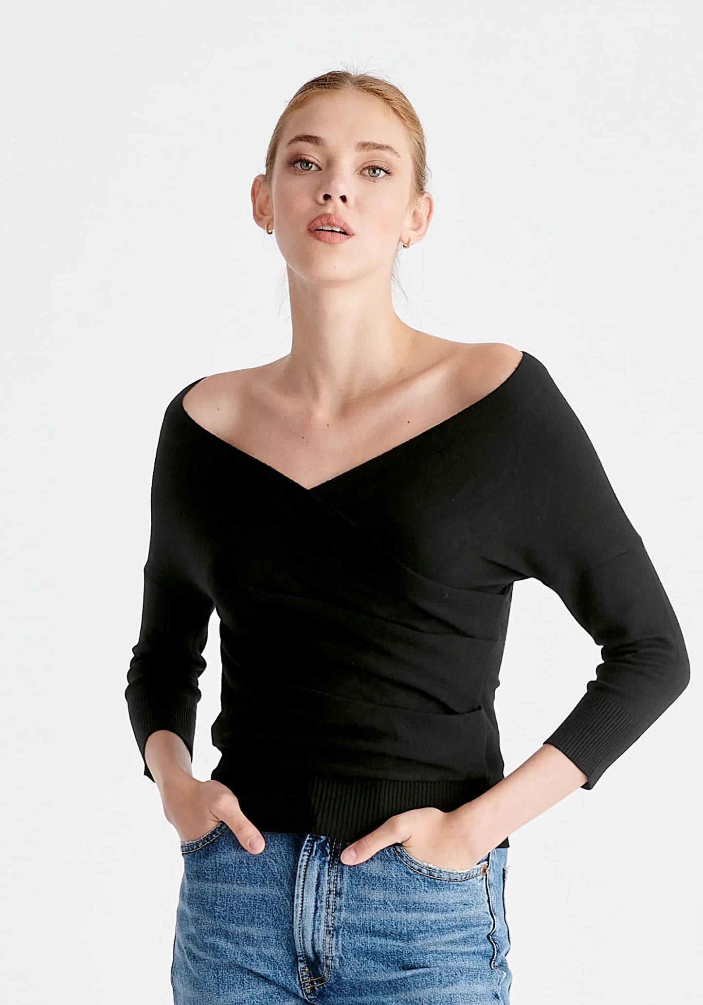 Knitted Wrap Top With 3/4 Sleeves Paisie