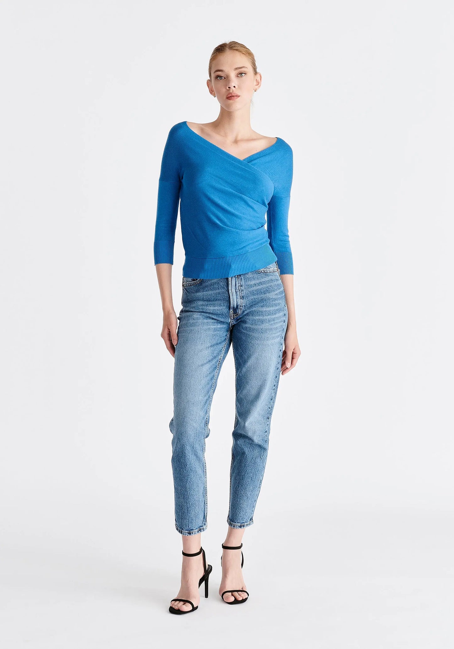 Knitted Wrap Top With 3/4 Sleeves Paisie