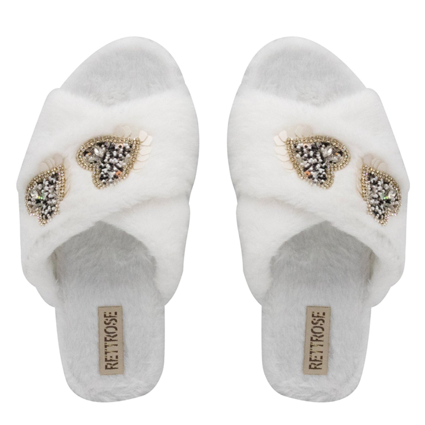 Katie Cream Luxury Plush Diamanté Heart Embellished Handmade Slipper Rettrose