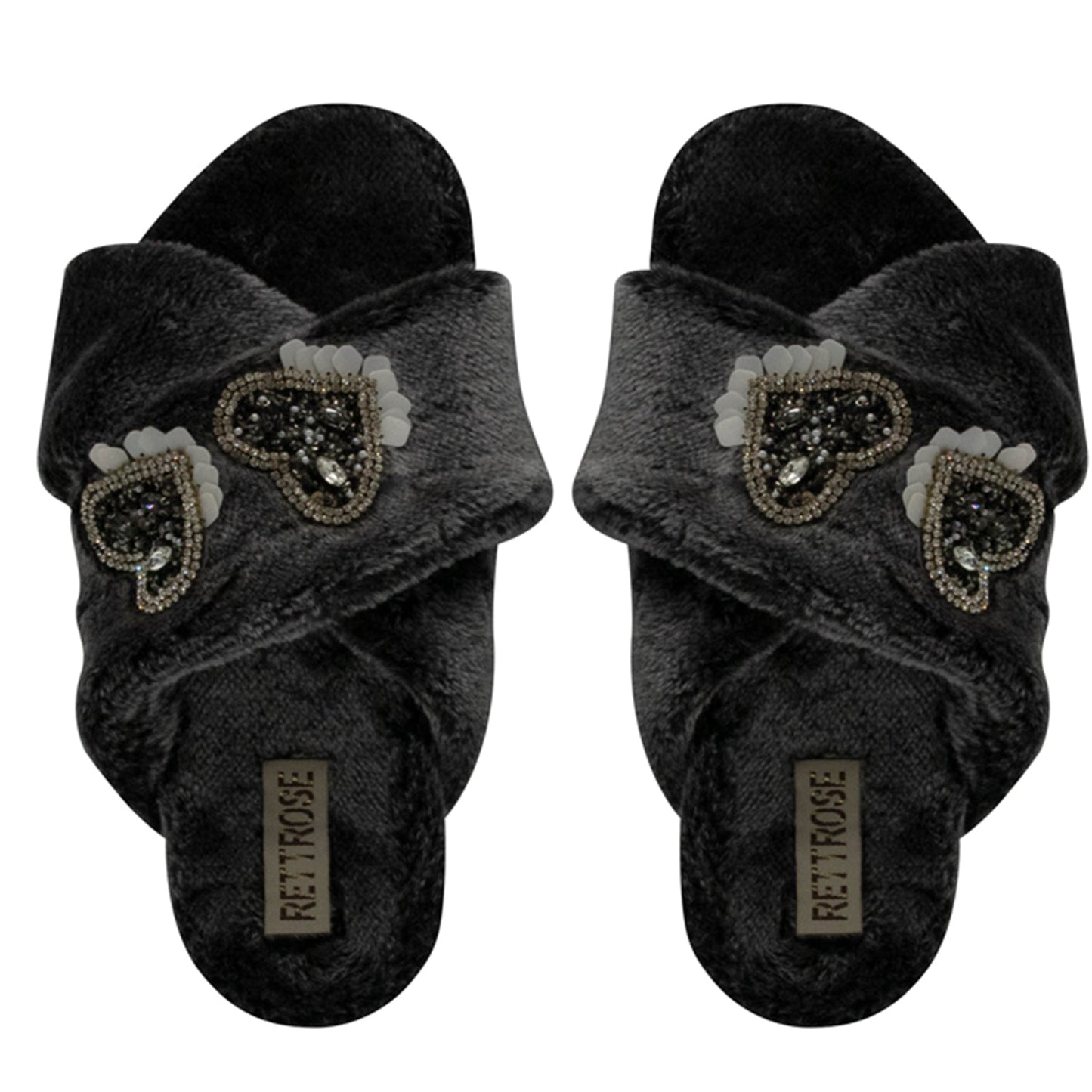 RETTROSE Katie Women’s Luxury Black Slippers – Lightweight Comfortable Handmade Plush Faux Fur Slippers with Diamanté Heart Embellishment Rettrose
