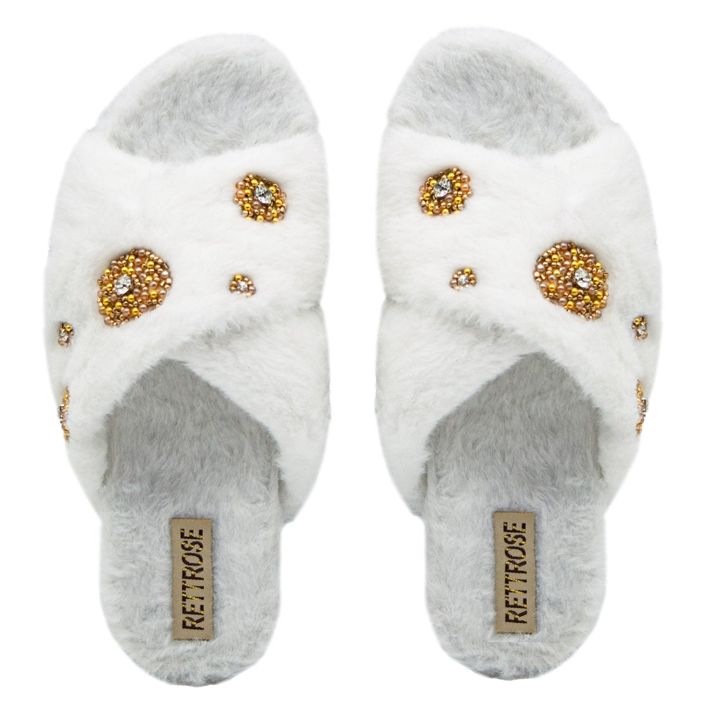 RETTROSE Juliette Women’s Luxury White Slippers – Handmade Faux Fur Plush Indoor Slippers with Diamanté Bow Embellishment | Elegant Lounge Footwear Rettrose