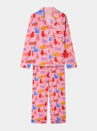 Whimsical Happy Cats Women's Long Sleeve Cotton Pyjama Trouser Set