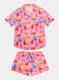 Whimsical Happy Cats Women's Short Sleeve Cotton Pyjama Short Set