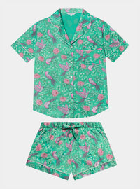 Pink Parrot on Green Women's Satin Pyjama Short Set