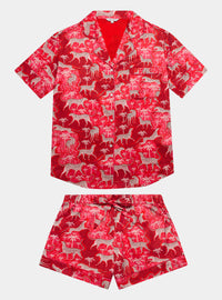 Snow Leopard on Red Women's Satin Pyjama Short Set
