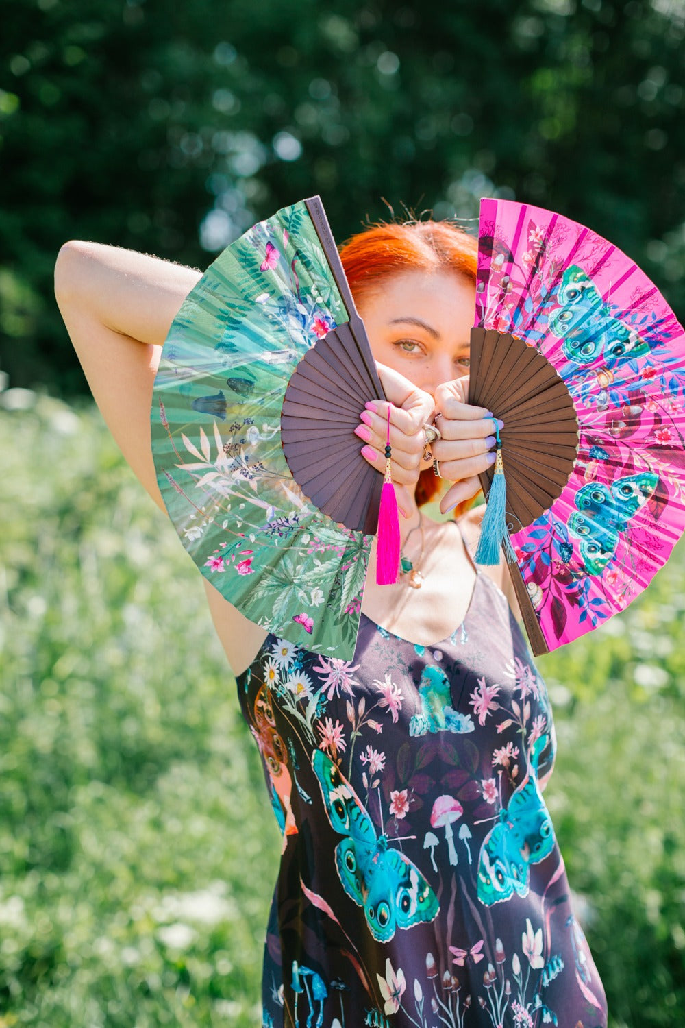 Green hand-held silk fan with 'Greenery' mushroom and crystal botanica ...