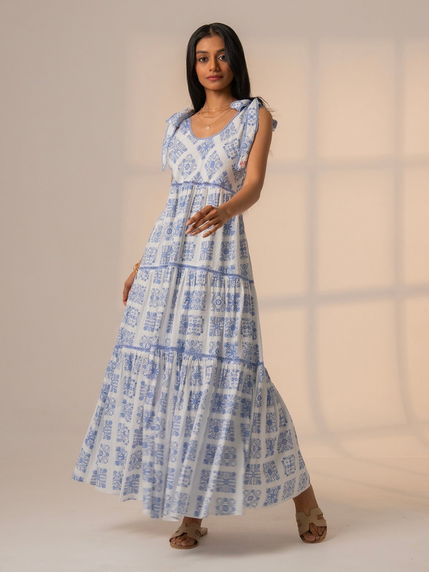 Maisy Blue White Printed Lace Trim Maxi Sun Dress  Rose & Nancy