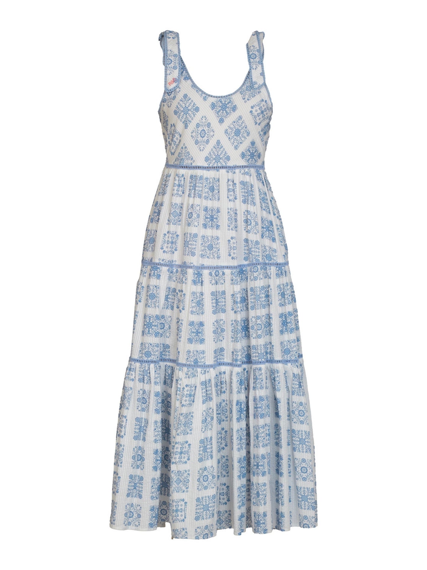 Maisy Blue White Printed Lace Trim Maxi Sun Dress  Rose & Nancy