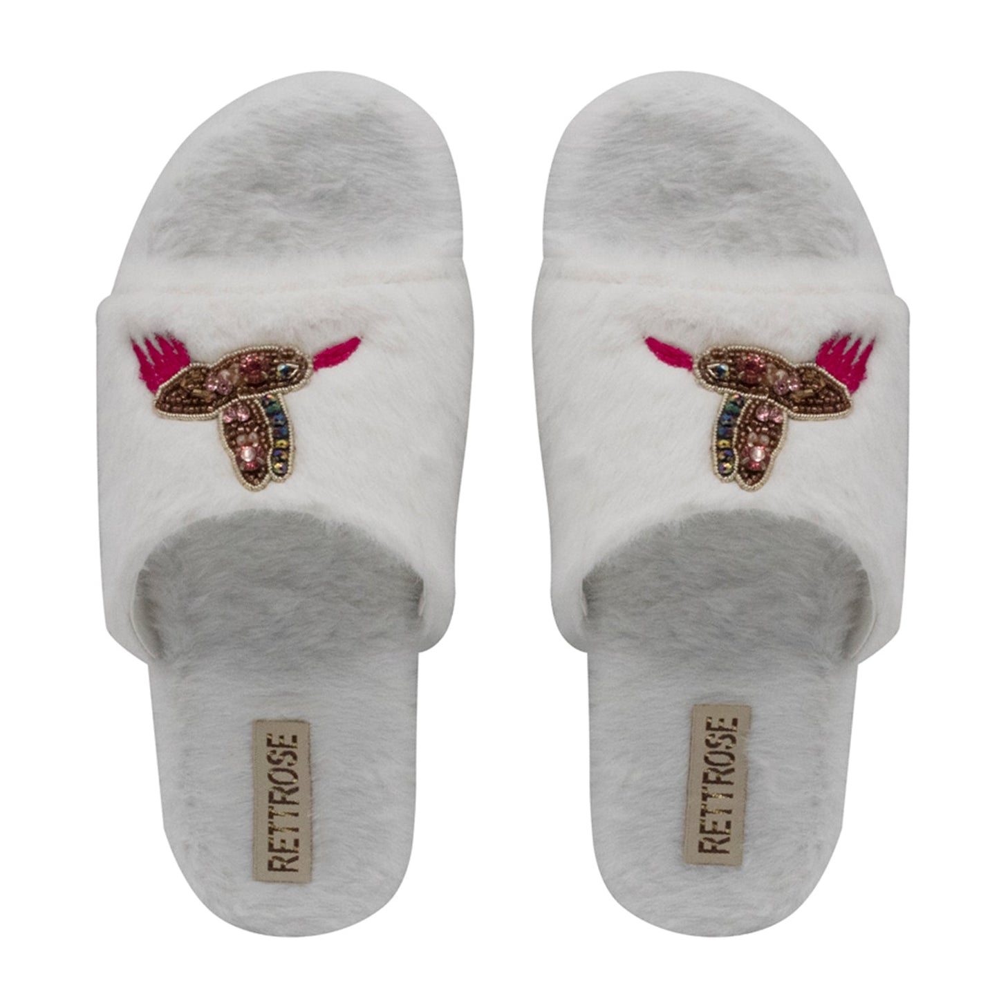 RETTROSE Ariella Women’s White Plush Slippers – Handmade Casual Luxury Slippers with Diamanté Embellishment | Premium Faux Fur Indoor Footwear Rettrose