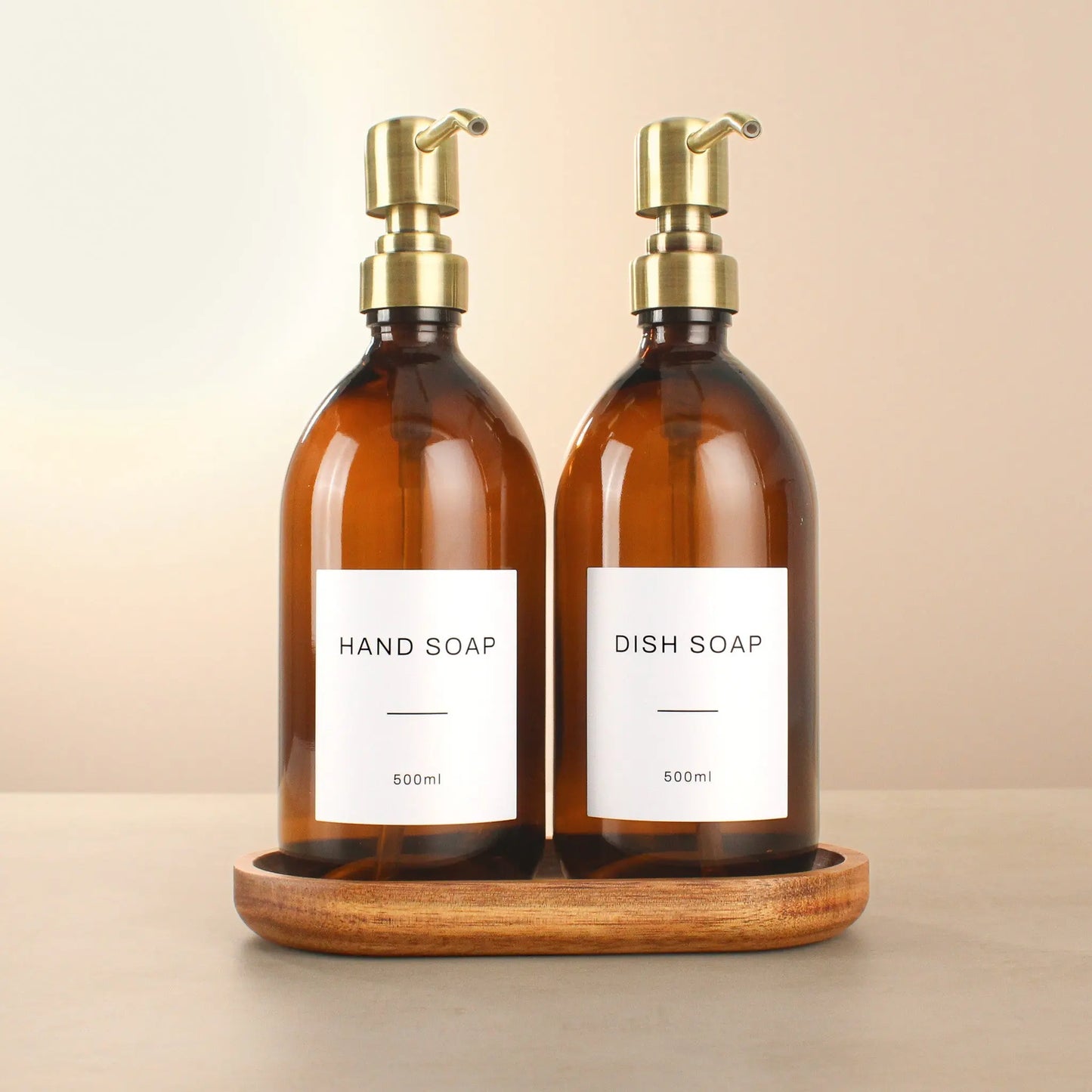 Acacia Tray & Amber Glass Dispenser Double Set Namie Home
